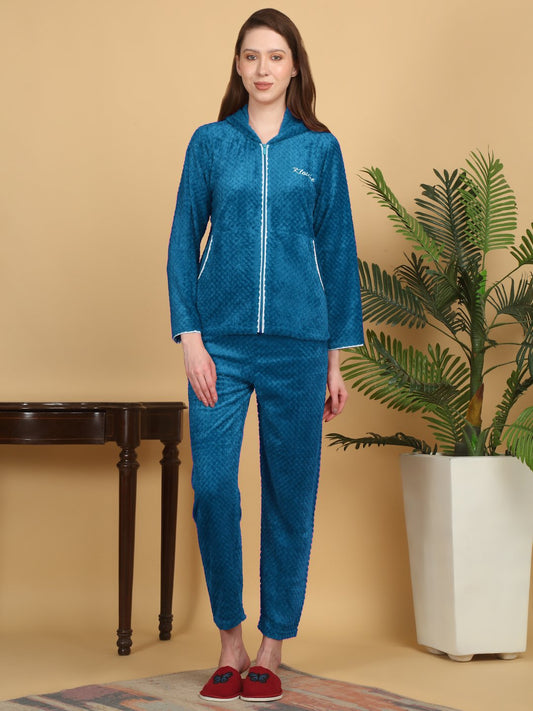 Women Blue Solid Hooded Woolen Night Suit
