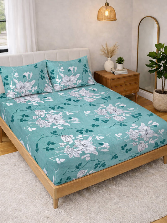 Green Floral Cotton Blend Double Bedsheet with 2 Pillow Covers