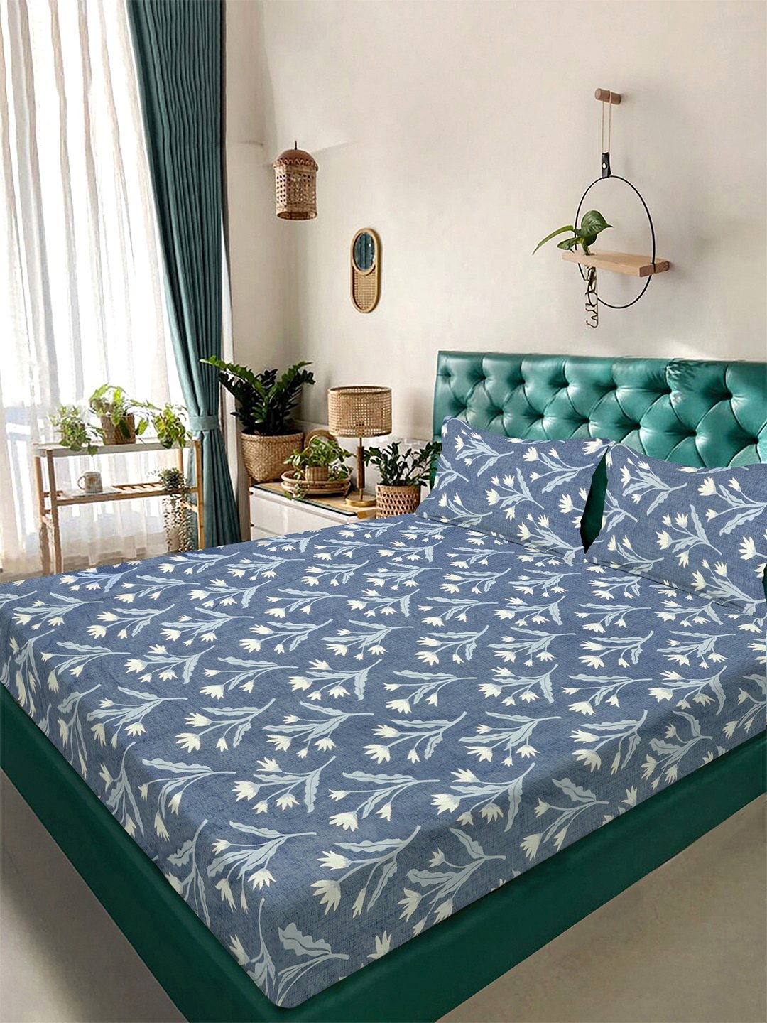 Blue Floral 300 TC Cotton Blend Double Bedsheet with 2 Pillow Covers