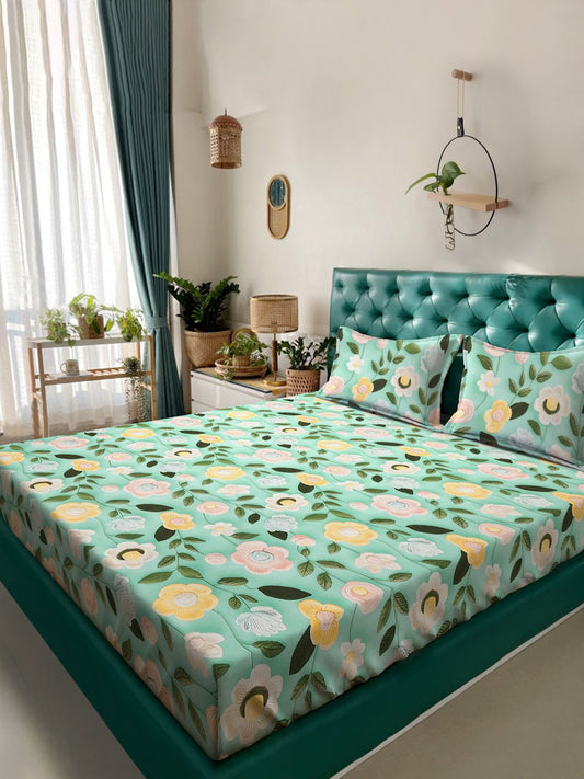 Green Floral 7D King Size Cotton Blend Double Bedsheet with 2 Pillow Covers