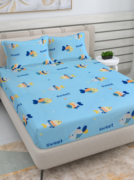 Klotthe Sky Blue Cartoon Characters 300 TC Cotton Blend Double Bedsheet with 2 Pillow Covers