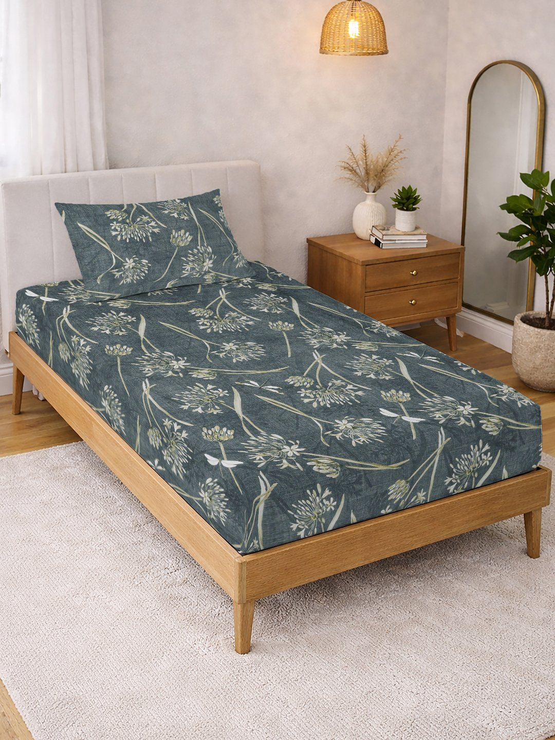 Green Floral Cotton Blend Single Bedsheet with Pillow Cover