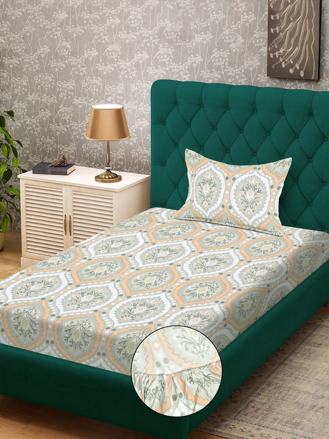 Multi Geometric 300 TC Cotton Blend Fitted Single Bedsheet with Pillow Cover