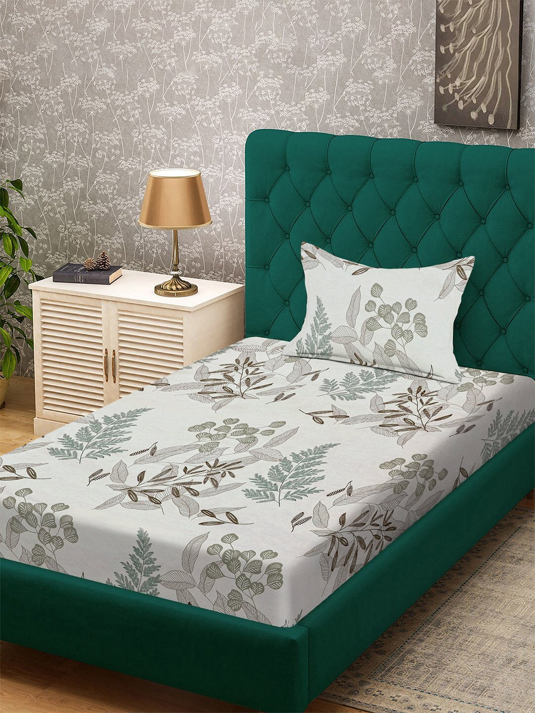 Cream Floral 300 TC Cotton Blend Single Bedsheet with Pillow Cover