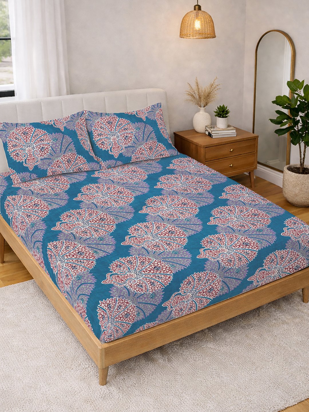 Blue Ethnic Motifs Cotton Blend Double Bedsheet with 2 Pillow Covers