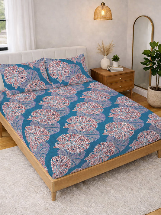 Blue Ethnic Motifs Cotton Blend Double Bedsheet with 2 Pillow Covers