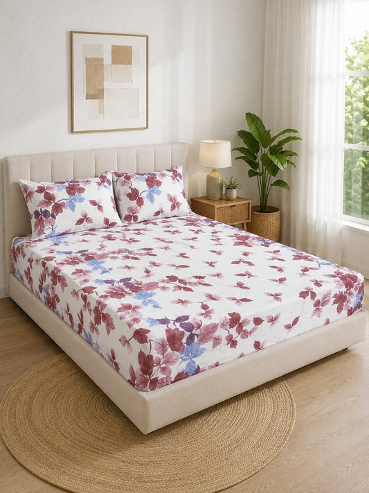 Cream Floral Cotton Blend Double Bedsheet with 2 Pillow Covers