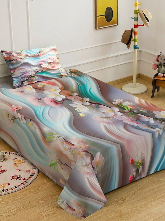 Multi Digital Floral Printed Cotton Blend Single Bedsheet with Pillow Cover