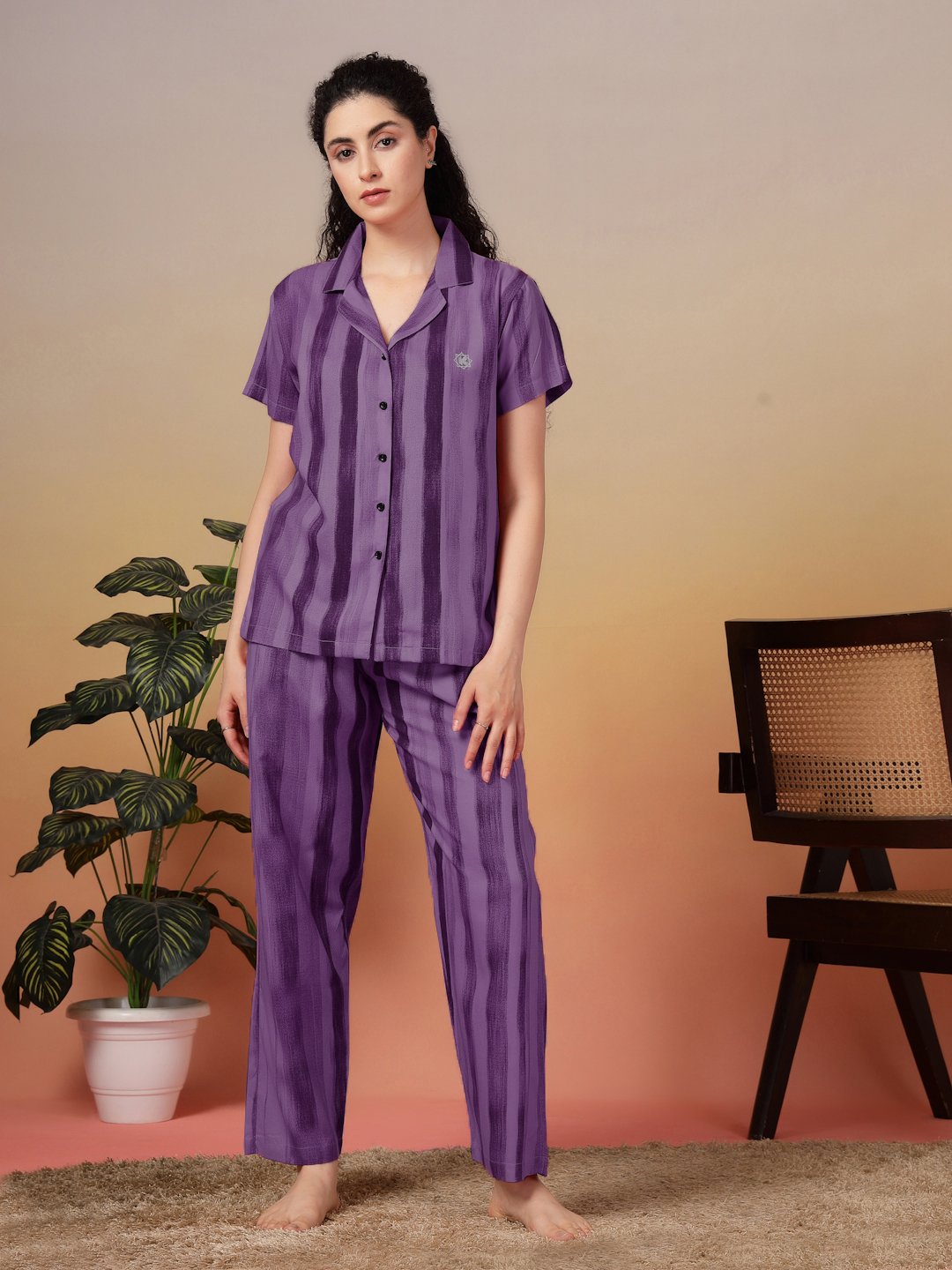 Women Purple Striped Pure Cotton Night Suit