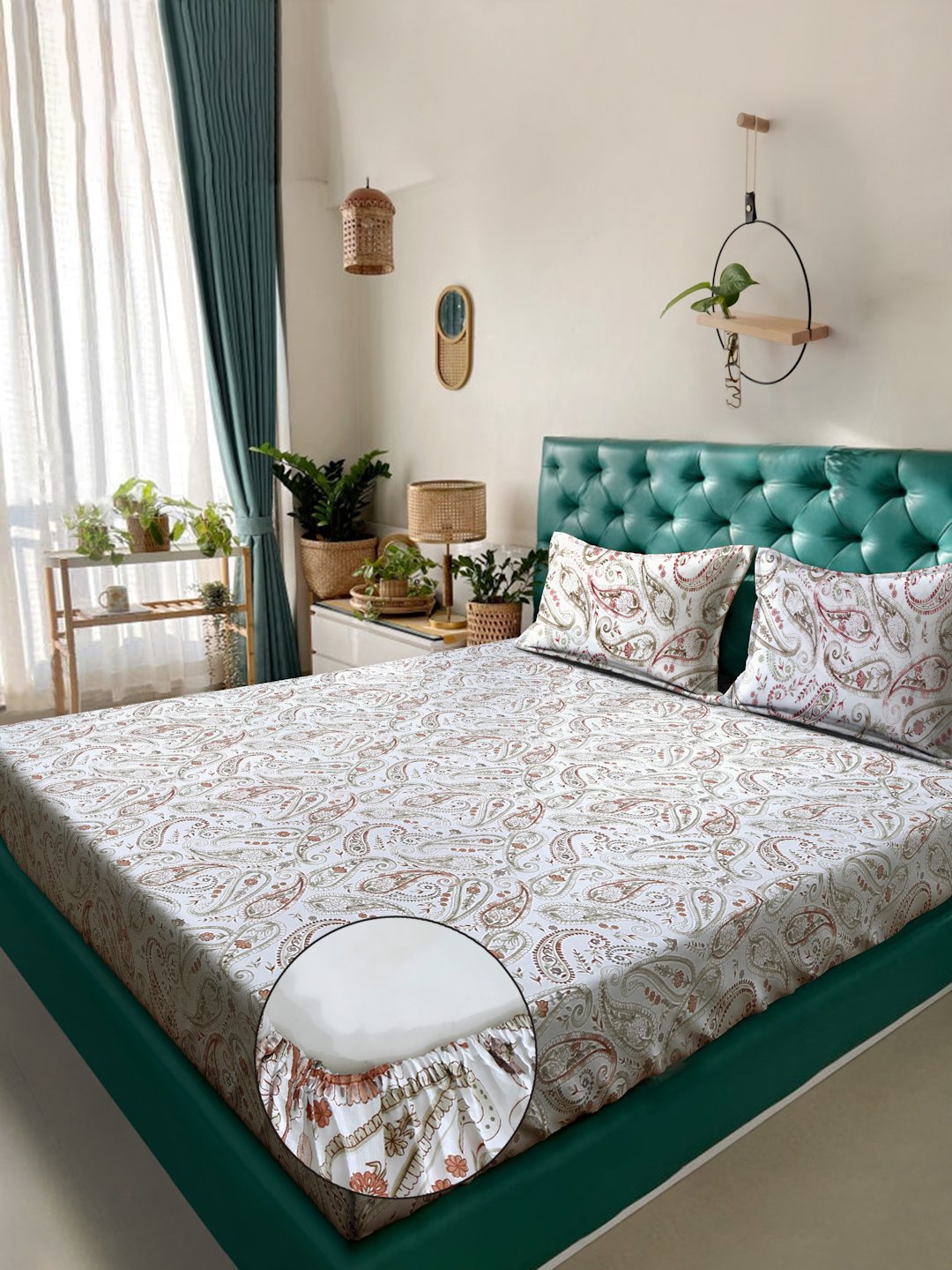 Orange Floral 400 TC Pure Cotton Fitted Double Bedsheet with 2 Pillow Covers