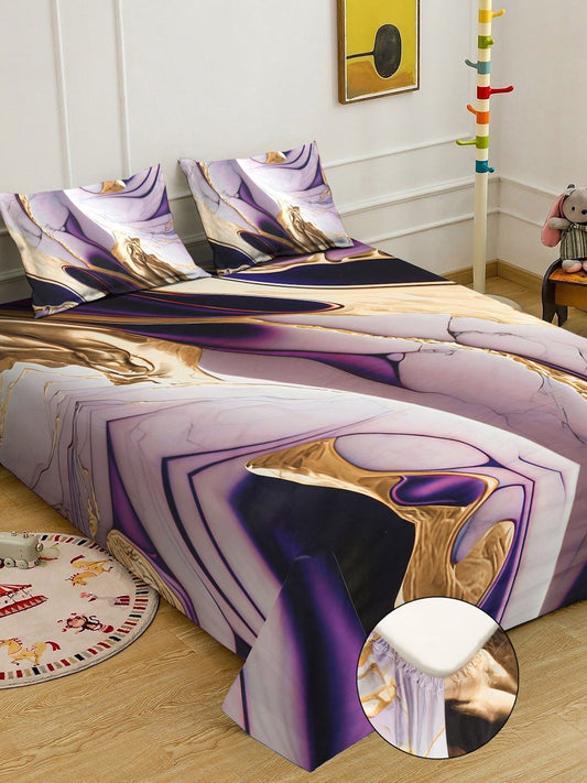 Purple Digital Abstract Printed Cotton Blend Fitted Double Bedsheet with 2 Pillow Covers