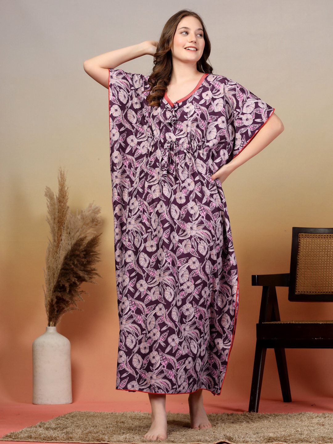Purple Floral Cotton Blend Kaftan Maxi Nightdress