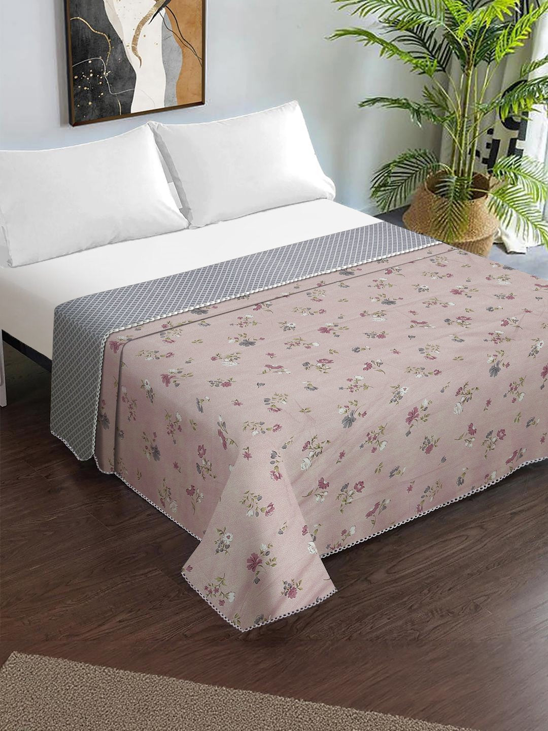 Pink Cotton Blend Floral Double Bed Dohar