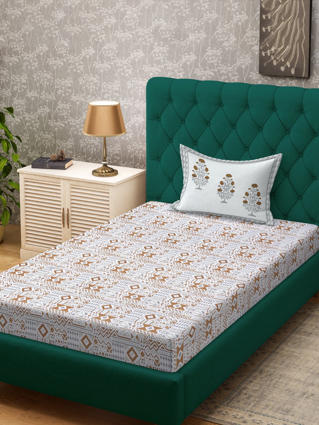 Mustard Geometric 400 TC Pure Cotton Single Bedsheet with Pillow Cover