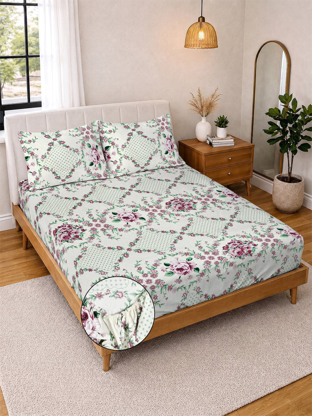 Cream Floral Cotton Blend Fitted Double Bedsheet with 2 Pillow Covers