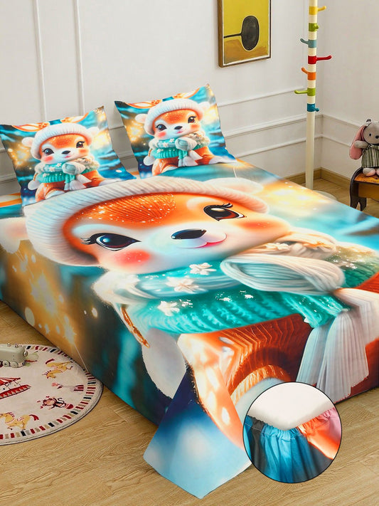 Multi 7D Cartoon Characters Printed Fitted Cotton Blend Double Bedsheet with 2 Pillow Covers