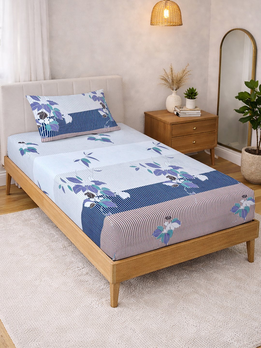 Multi Floral Cotton Blend Single Bedsheet with Pillow Cover