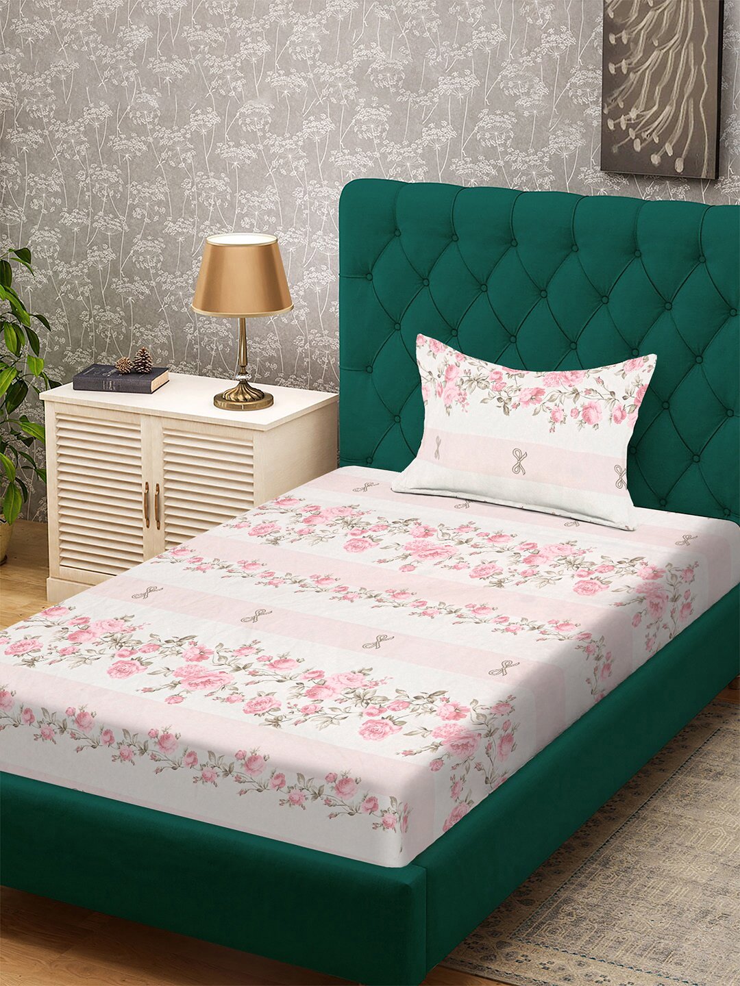 Pink Floral 300 TC Cotton Blend Single Bedsheet with Pillow Cover