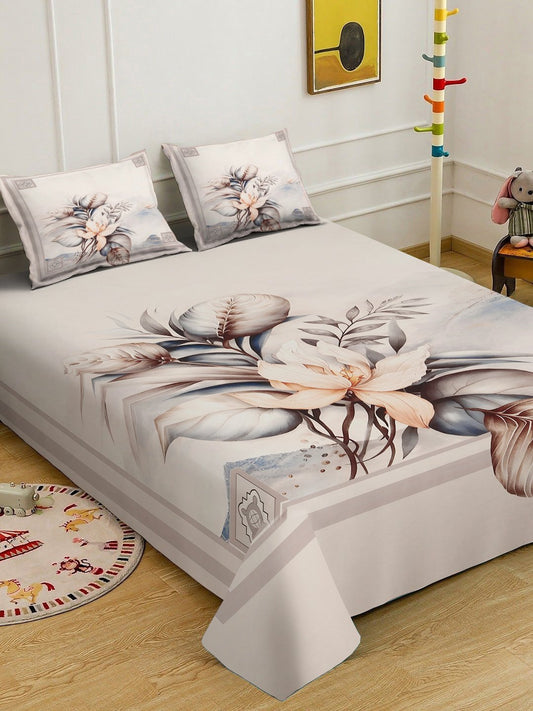 Cream Digital Floral Printed Cotton Blend Double Bedsheet with 2 Pillow Covers