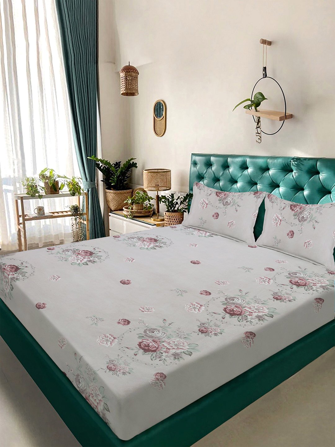 Multi Floral 300 TC Cotton Blend Double Bedsheet with 2 Pillow Covers