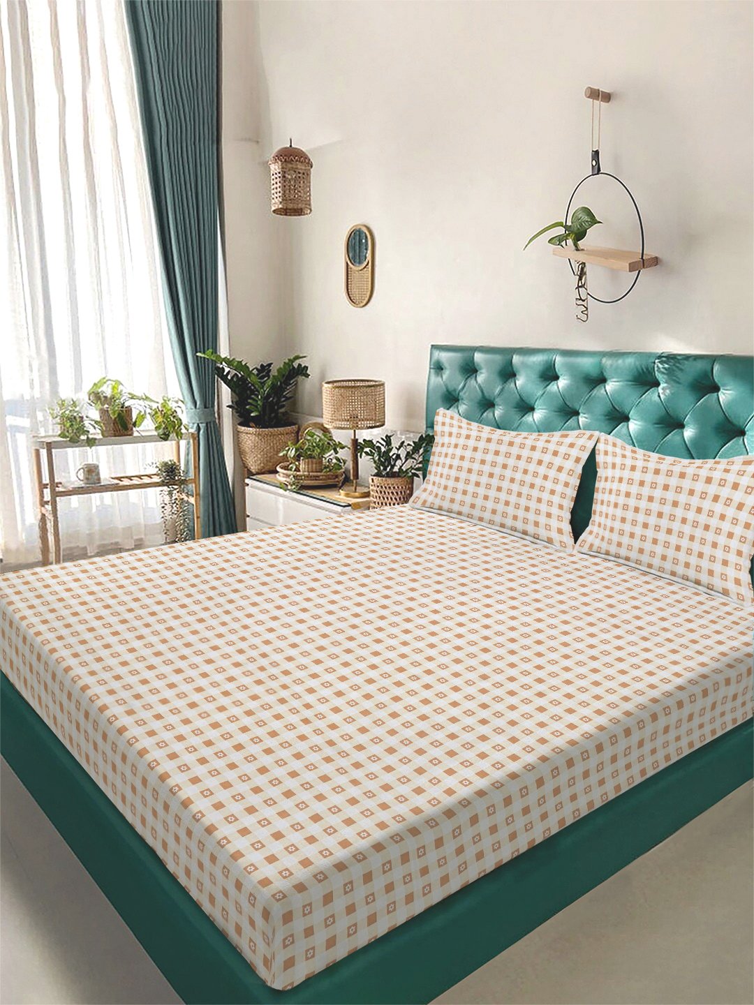Beige Geometric 300 TC Cotton Blend Double Bedsheet with 2 Pillow Covers