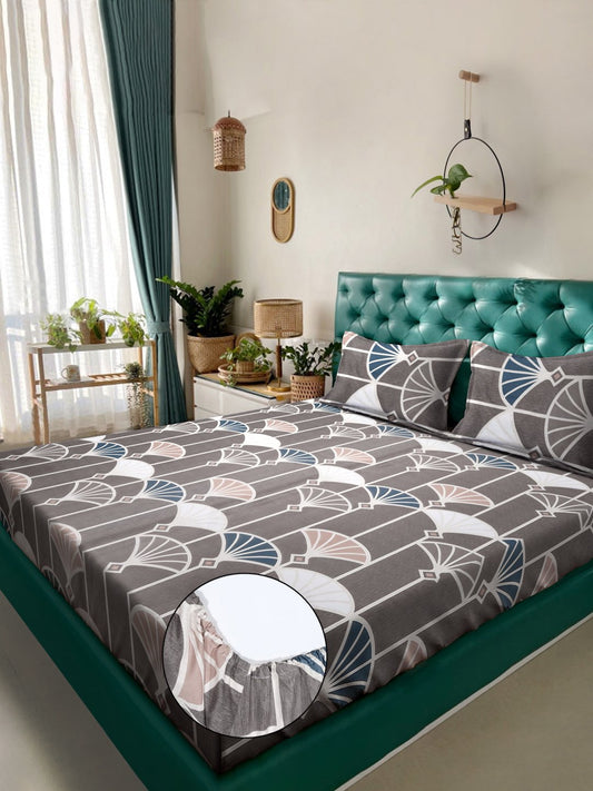 Brown Floral 300 TC Cotton Blend Fitted Double Bedsheet with 2 Pillow Covers