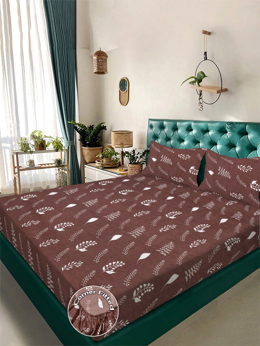 Brown Floral 300 TC Cotton Blend Fitted Double Bedsheet with 2 Pillow Covers