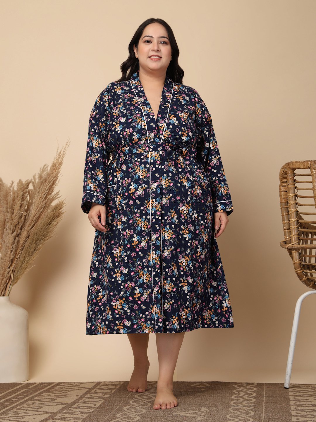 Women Printed Blue Floral Plus Size Pure Cotton Bath Robe With Belt