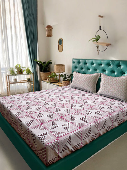 Pink Geometric 400 TC Pure Cotton Double Bedsheet with 2 Pillow Covers
