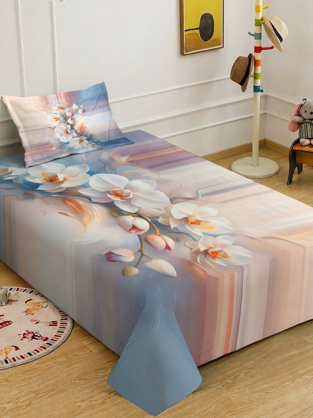 Multi Digital Floral Printed Cotton Blend Single Bedsheet with Pillow Cover