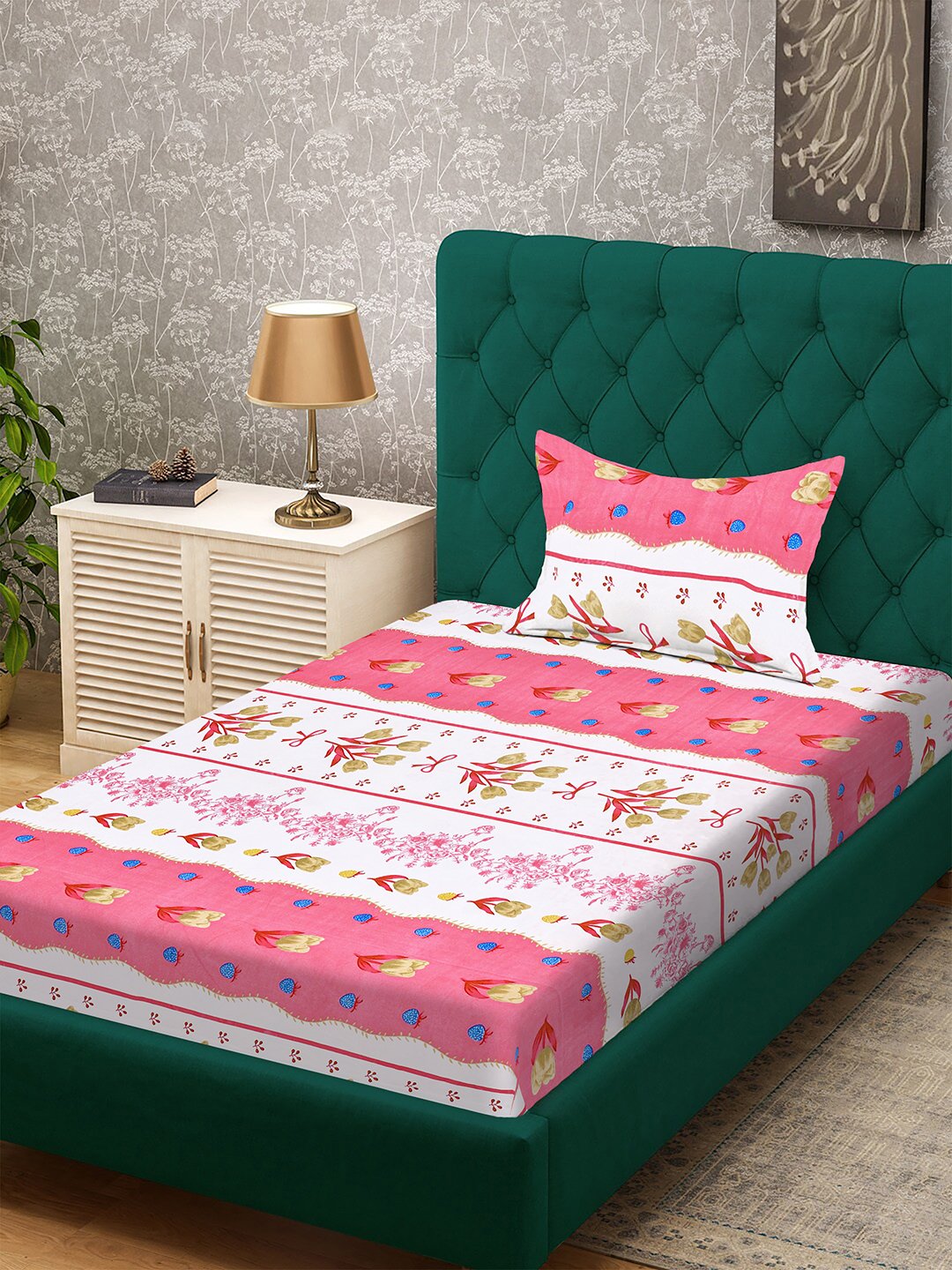 Pink Floral 300 TC Cotton Blend Single Bedsheet with Pillow Cover