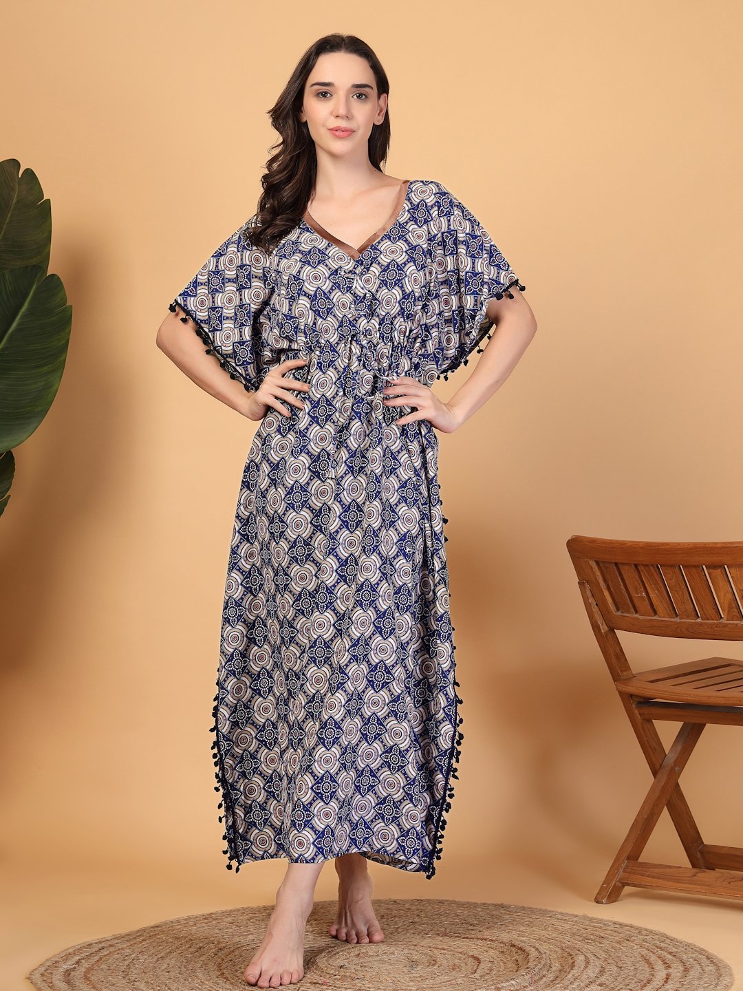 Blue Floral Cotton Blend Kaftan Maxi Nightdress