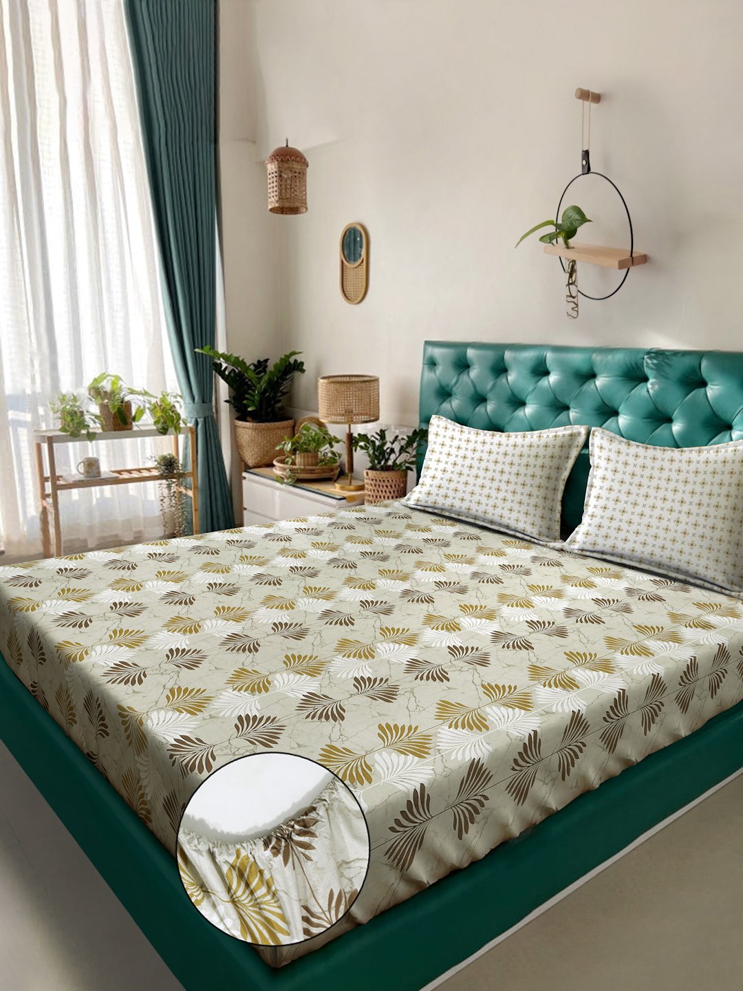 Olive Floral 400 TC Pure Cotton Fitted Double Bedsheet with 2 Pillow Covers