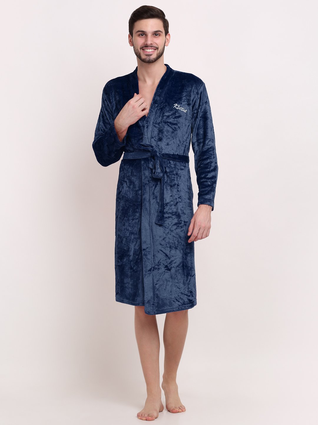 Men Blue Solid Wool Bath Robe With Belt
