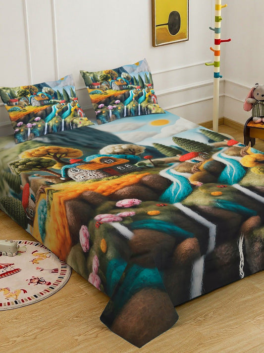 Multi 7D Cartoon Characters Printed Cotton Blend Double Bedsheet with 2 Pillow Covers
