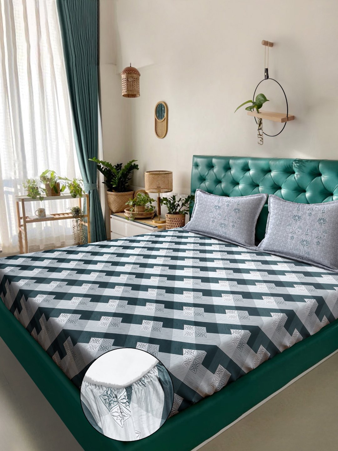 Green Geometric 400 TC Pure Cotton Super King Fitted Double Bedsheet with 2 Pillow Covers