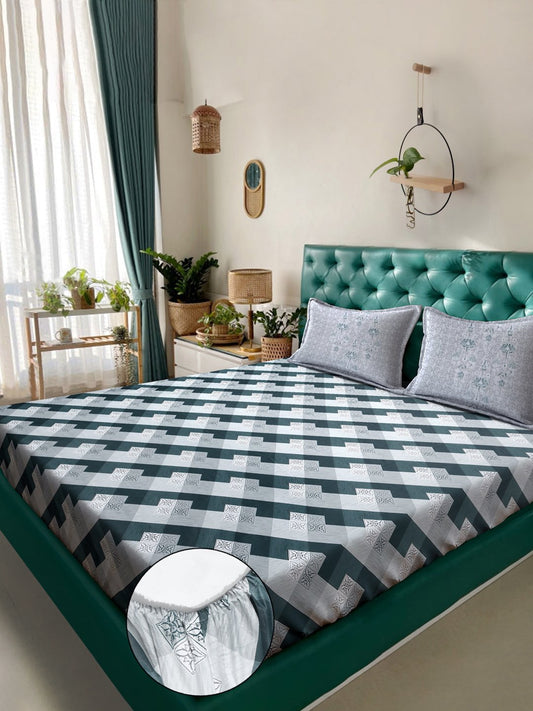 Green Geometric 400 TC Pure Cotton Super King Fitted Double Bedsheet with 2 Pillow Covers
