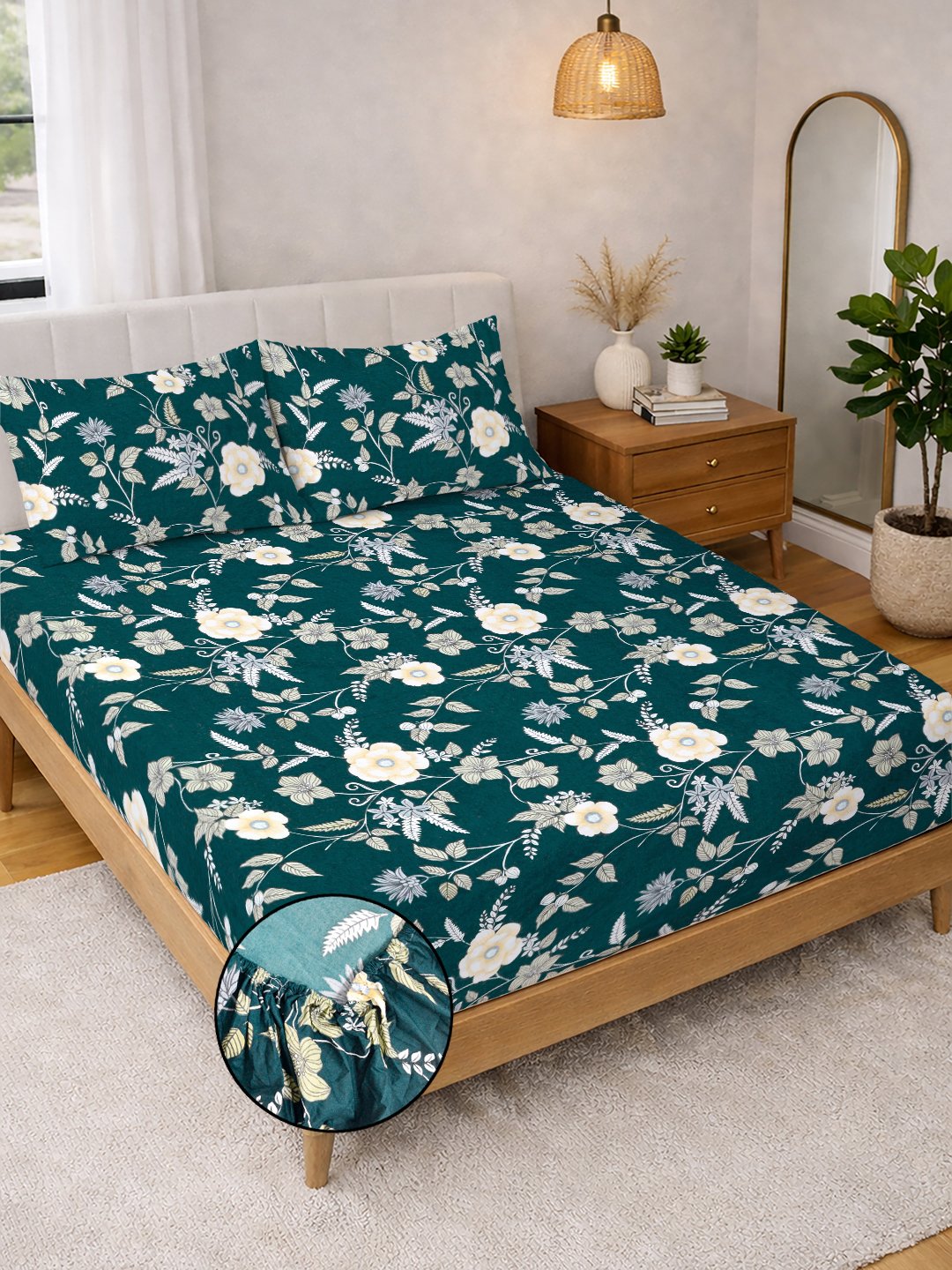 Green Floral Cotton Blend Fitted Double Bedsheet with 2 Pillow Covers