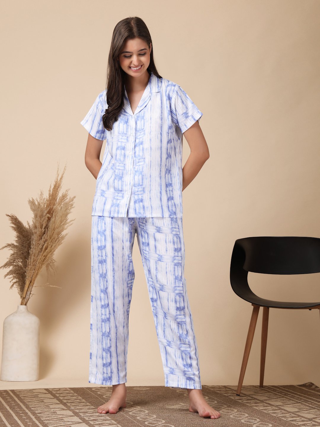 Blue Floral Cotton Blend Women Night Suit