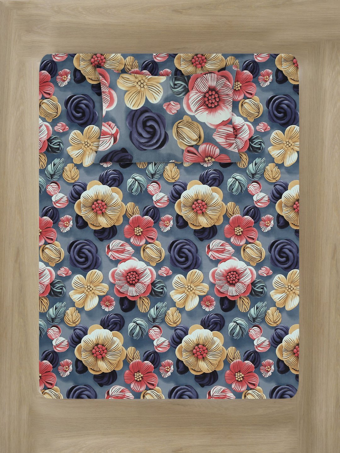 Blue Floral 7D Cotton Blend Single Bedsheet with Pillow Cover