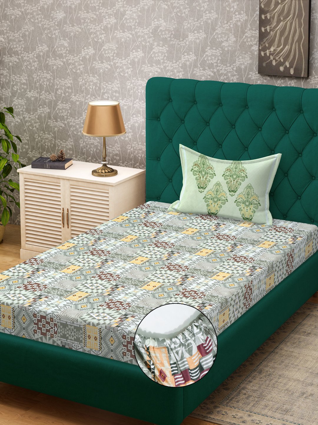 Multi Geometric 400 TC Pure Cotton Fitted Single Bedsheet with Pillow Cover