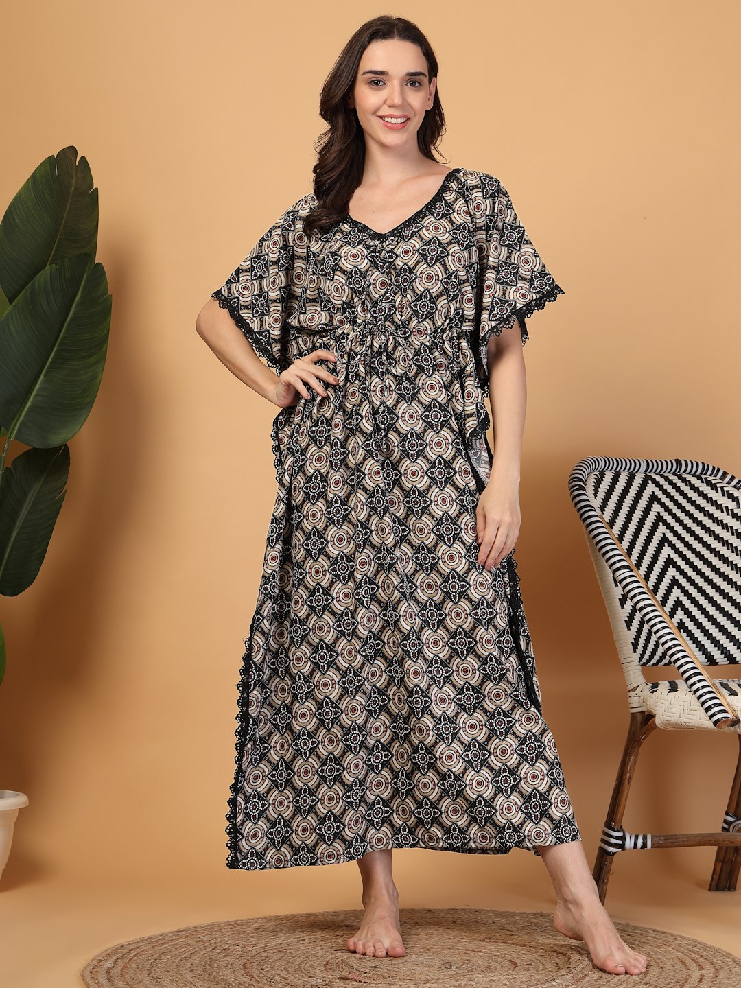Black Floral Cotton Blend Kaftan Maxi Nightdress