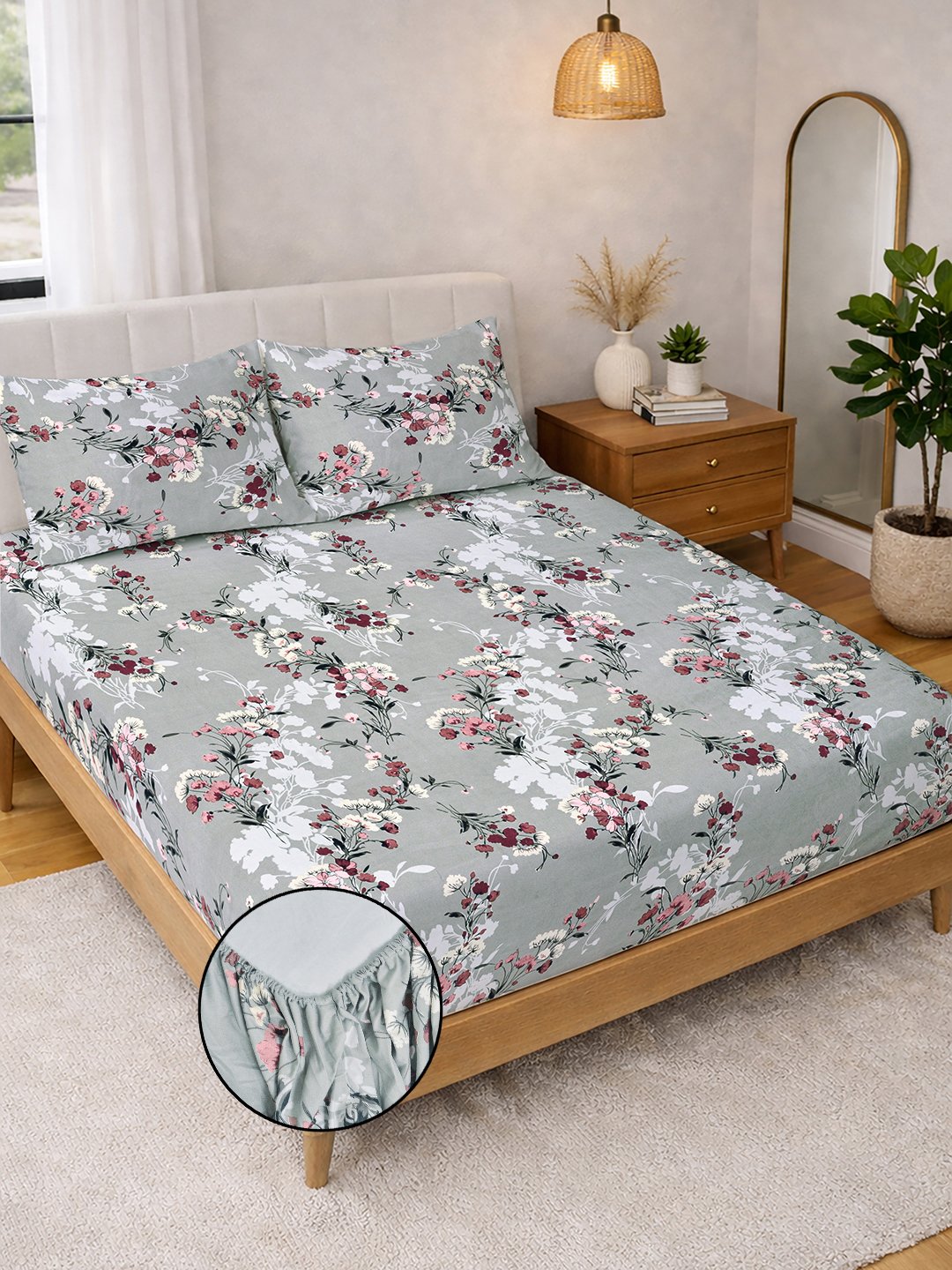 Grey Floral Fitted Fitted Cotton Blend Double Bedsheet with 2 Pillow Covers
