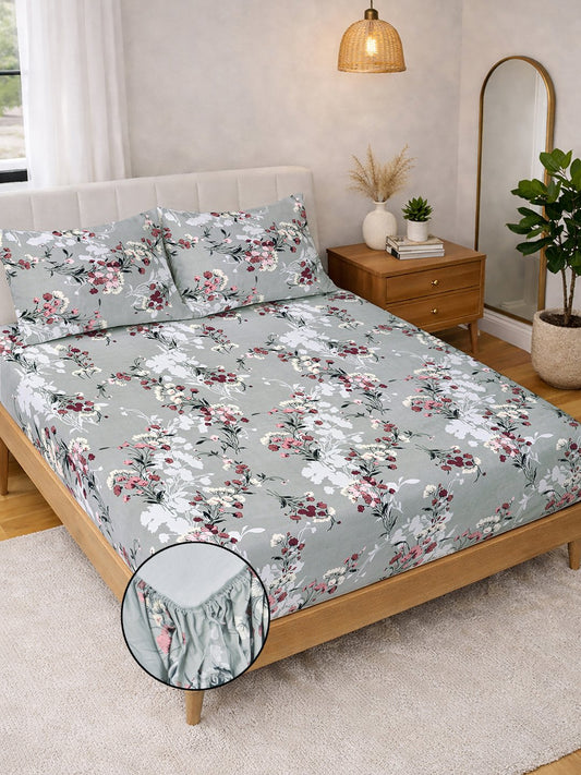 Grey Floral Fitted Fitted Cotton Blend Double Bedsheet with 2 Pillow Covers