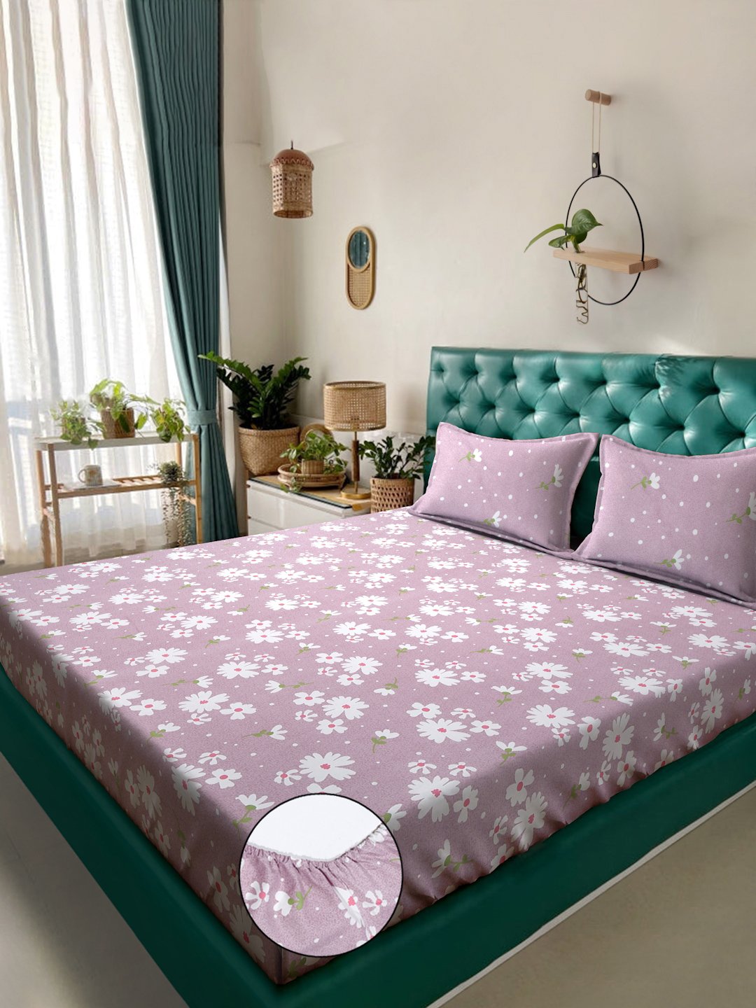 Purple Floral 300 TC Fitted Cotton Blend Double Bedsheet with 2 Pillow Covers