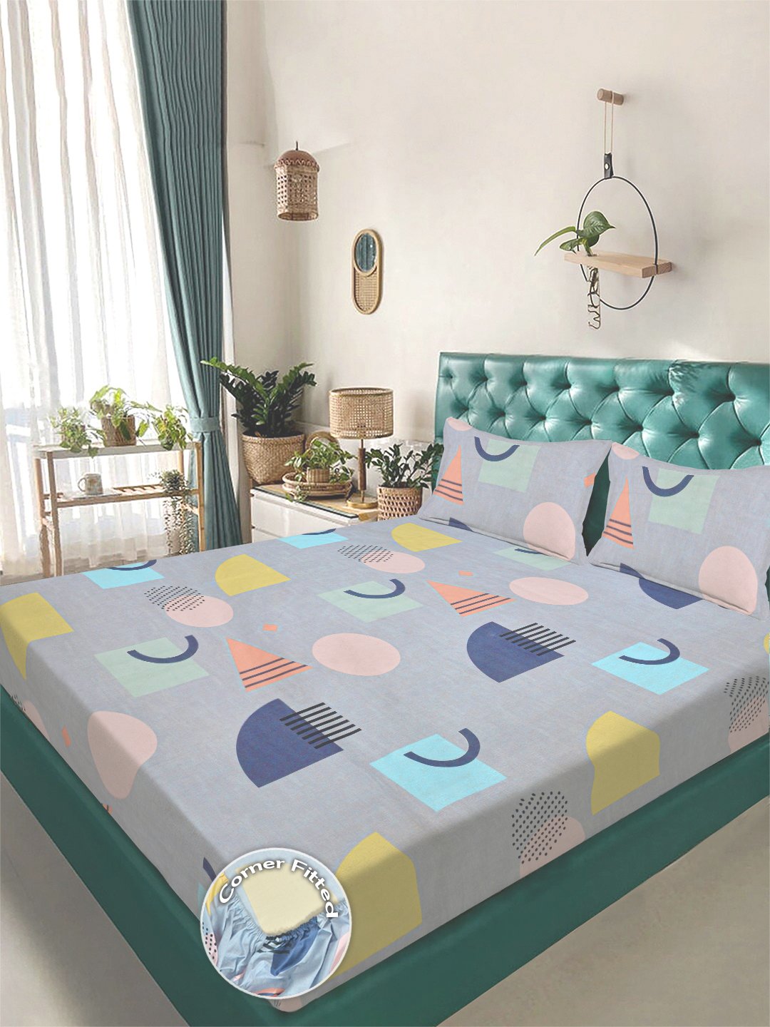 Grey Geometric 300 TC Cotton Blend Fitted Double Bedsheet with 2 Pillow Covers