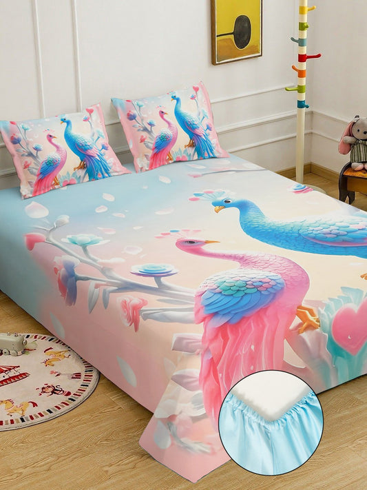 Multi 7D Animal Printed Fitted Cotton Blend Double Bedsheet with 2 Pillow Covers