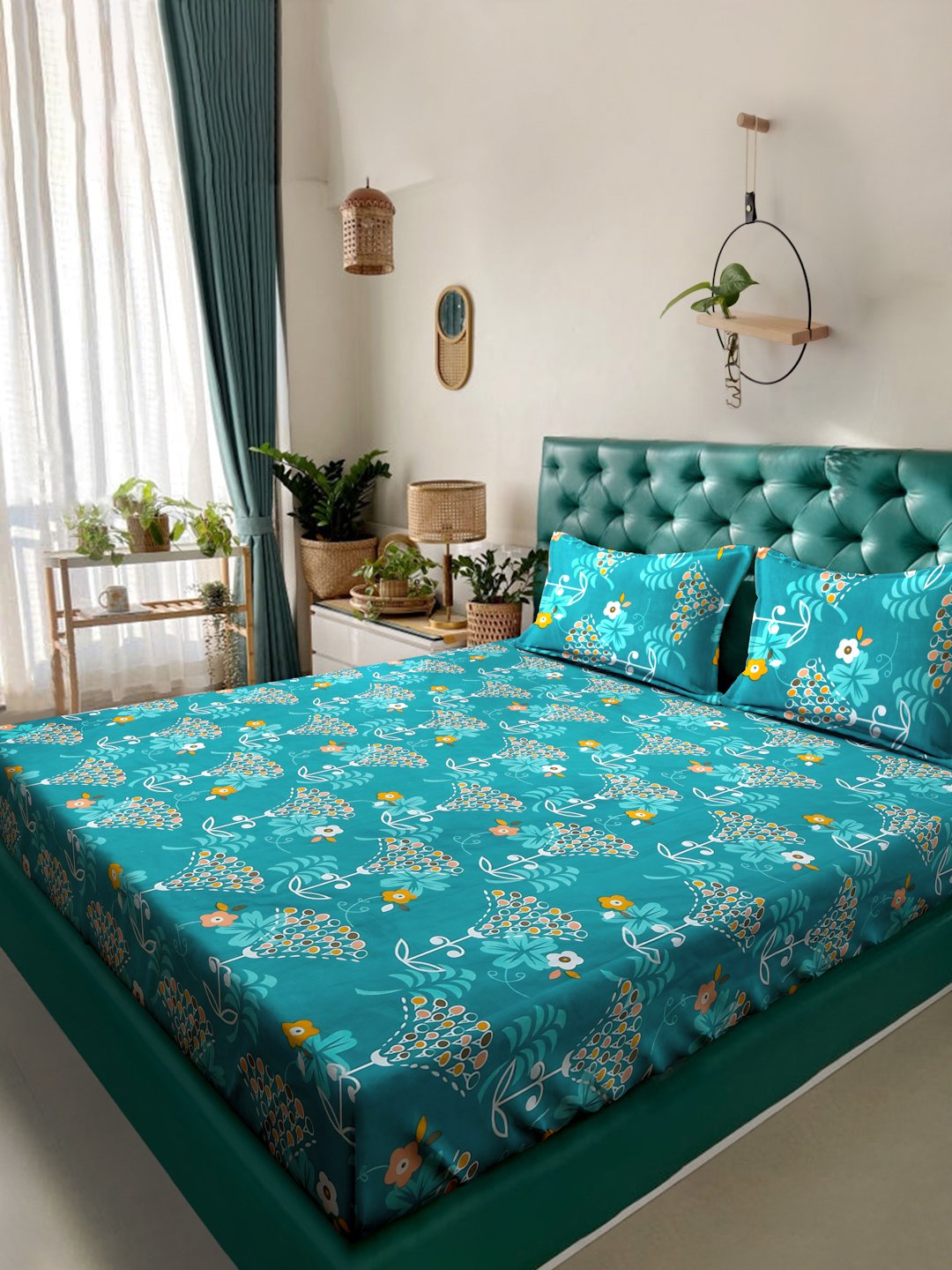 Green Floral 300 TC Cotton Blend Double Bedsheet with 2 Pillow Covers