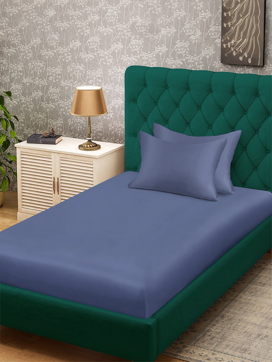 Blue Solid 300 TC Cotton Blend Single Bedsheet with 2 Pillow Covers