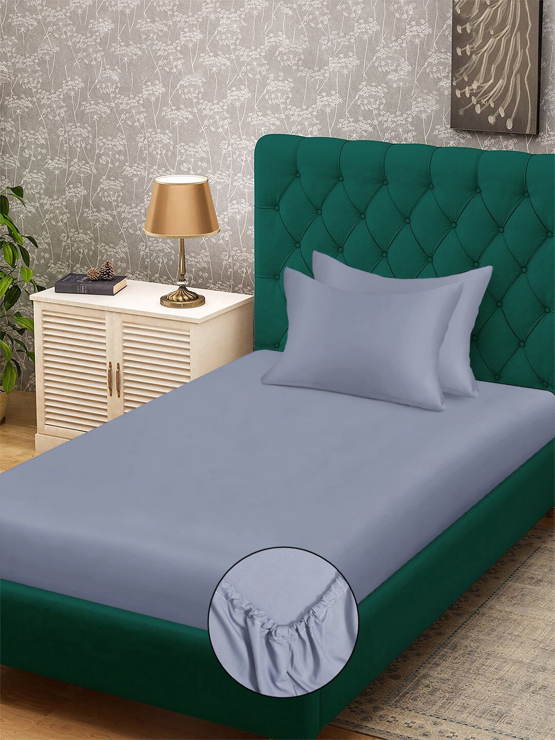 Lavender Solid 300 TC Cotton Blend Fitted Single Bedsheet with 2 Pillow Covers